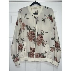 About A Girl Varsity Jacket Size Large Ivory Pink Floral Zip‎ Front Lightweight